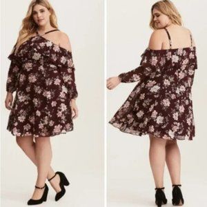 Torrid Floral Cold Shoulder Ruffle Dress in Maroon